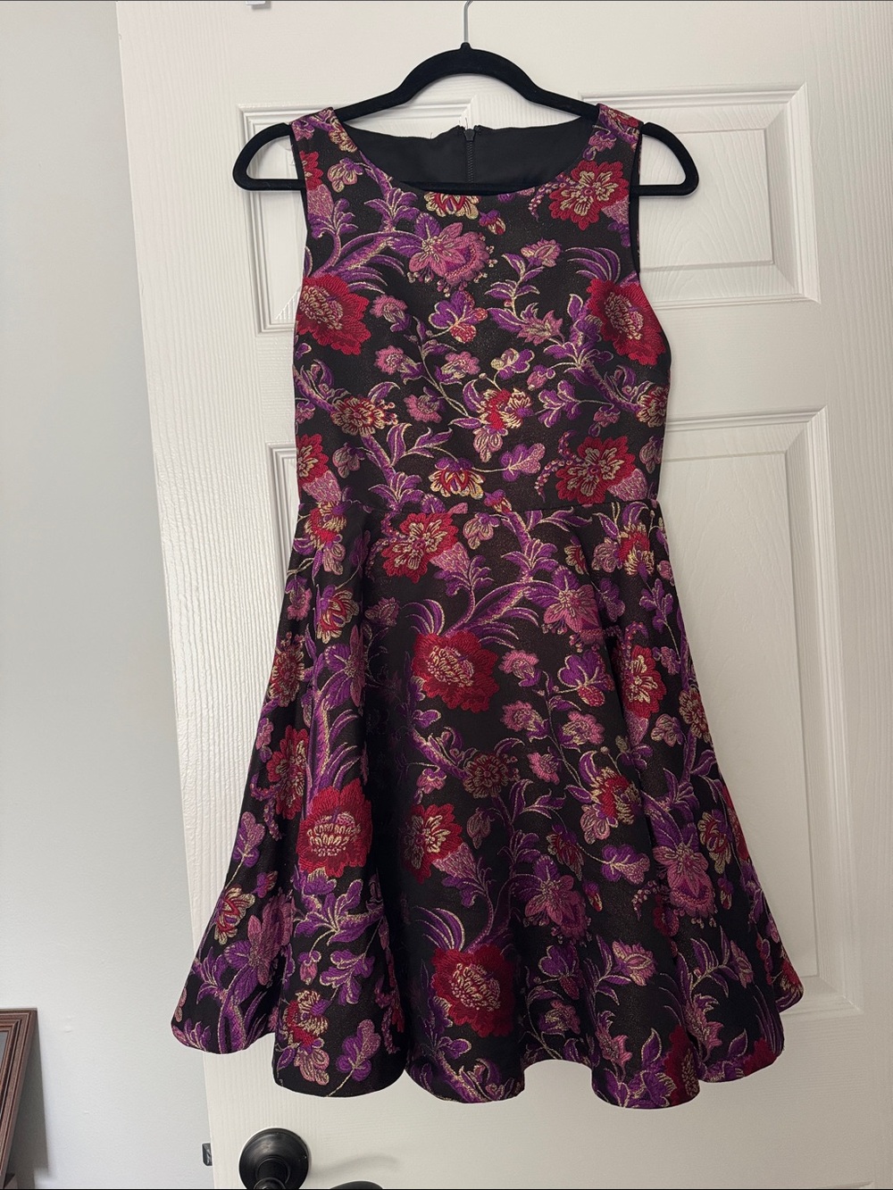 Alice + Olivia Black Mini Dress with Purple and Red Floral Jacquard